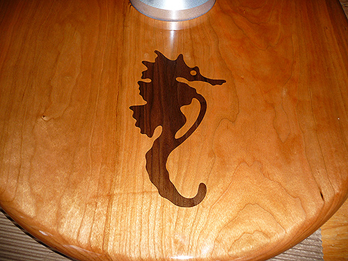 Seahorse teak inlay for boat table pedestal